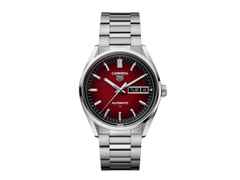 TAG Heuer Carrera Day-Date Automatik Edelstahl 41mm rotes Zifferblatt Metallband – Herrenuhren Uhr mit Datum aus Edelstahl. Das Gehäuse ist rund und silber. Das Edelstahlarmband ist silber. Das Zifferblatt ist ein Index in rot.