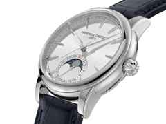 Frederique Constant Classic Moonphase Date Manufacture Automatik Edelstahl 40mm silberfarbenes Zifferblatt blaues Lederband – Herrenuhren Uhr mit Datum aus Edelstahl und Leder. Das Gehäuse ist rund und silber. Das Lederarmband Kroko / Alligator ist blau. Das Zifferblatt ist ein Index in weiß. – Ansicht 2
