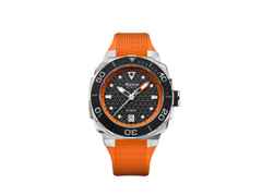 Alpina Seastrong Diver Extreme Automatic Edelstahl 39mm schwarzes Zifferblatt orangefarbenes Kautschukband – Herrenuhren Uhr mit Datum aus Edelstahl und Kautschuk. Das Gehäuse ist rund und silber. Das Kautschuk / Kunststoff / Silikon Armband ist orange. Das Zifferblatt ist ein Index in schwarz.