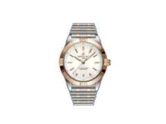 Breitling Chronomat Automatic 36 Edelstahl weißes Zifferblatt zweifarbiges Metallband – Damenuhren Uhr mit Datum aus 750 Rotgold und Edelstahl. Das Gehäuse ist rund und silber-roségold. Das Edelstahlarmband mit Gold ist silber-roségold. Das Zifferblatt ist ein Index in weiß.