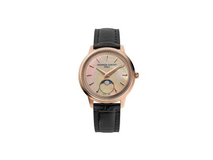 Frederique Constant Classics Moneta Moonphase Quarz Edelstahl Roségold-PVD 34mm rosa Perlmutt-Zifferblatt schwarzes Lederband – Damenuhren Uhr ohne Datum aus Edelstahl, Leder und PVD beschichtet. Das Gehäuse ist rund und roségold. Das Lederarmband Kroko / Alligator ist schwarz. Das Zifferblatt ist ein Index in roségold.
