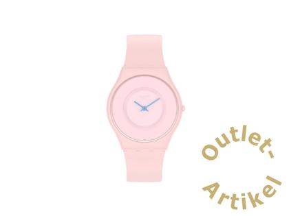 Swatch "Caricia Rosa" Quarz Kunststoff 34mm pinkes Zifferblatt pinkes Silikonband – Damenuhren Uhr ohne Datum aus Kunststoff. Das Gehäuse ist rund und rosa. Das Kautschuk / Kunststoff / Silikon Armband ist pink. Das Zifferblatt ist ein Index in pink.