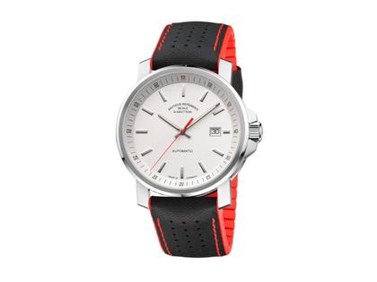 Mühle Glashütte 29er Big Automatik Edelstahl 42,4mm weißes Zifferblatt schwarz-rotes Kautschukband – Herrenuhren Uhr mit Datum aus Edelstahl. Das Gehäuse ist rund und silber. Das Kautschuk / Kunststoff / Silikon Armband ist schwarz. Das Zifferblatt ist ein Index in weiß.