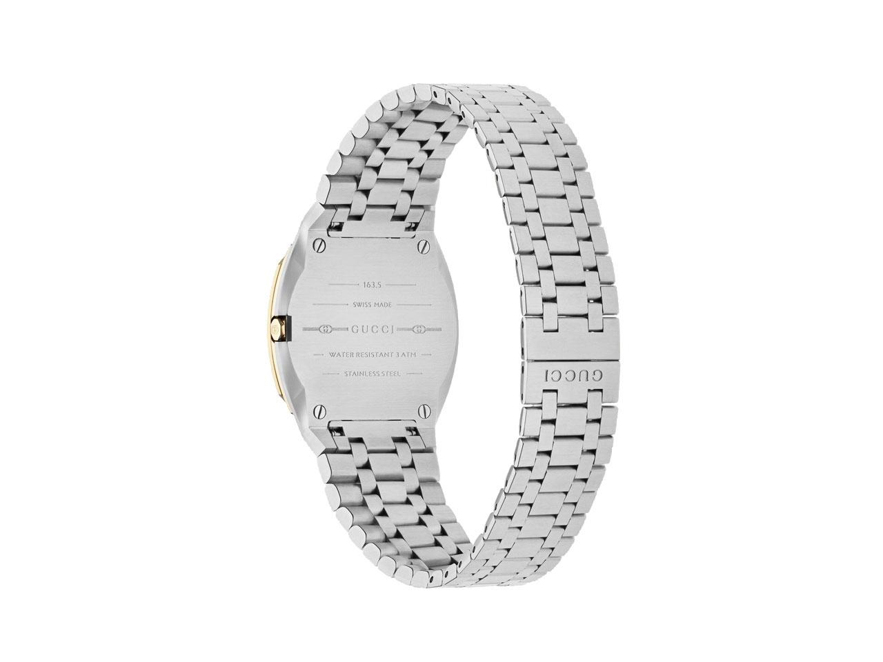 Gucci 25H Quarz Edelstahl 30mm goldenes Zifferblatt Metallband YA163502 – Damenuhren Uhr ohne Datum aus 750 Gelbgold, Edelstahl und vergoldet. Das Gehäuse ist rund und silber-gelbgold. Das Edelstahlarmband ist silber. Das Zifferblatt ist ohne Zeichen und gelbgold. – Ansicht 2