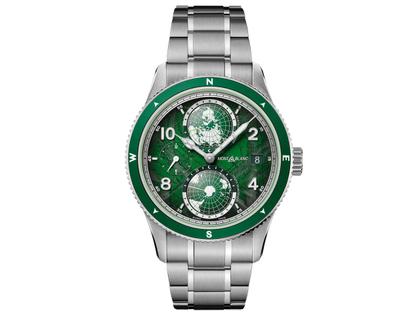 Montblanc 1858 Geosphere 0 Oxygen Automatik Edelstahl 42mm grünes Zifferblatt Metallband – Herrenuhren Uhr mit Datum aus Edelstahl und Keramik. Das Gehäuse ist rund und silber. Das Edelstahlarmband ist silber. Das Zifferblatt ist arabisch und grün.