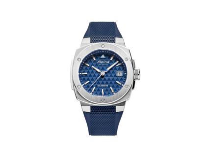 Herrenuhren Uhr mit Datum aus Edelstahl und Kautschuk. Das Gehäuse ist rund und silber. Das Kautschuk / Kunststoff / Silikon Armband ist blau. Das Zifferblatt ist ein Index in blau.