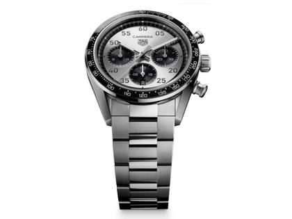 TAG Heuer Carrera Chronograph Sport Automatik Edelstahl 42mm silbernes Zifferblatt Metallband – Herrenuhren Chronograph aus Edelstahl und Keramik. Das Gehäuse ist rund und silber. Das Edelstahlarmband ist silber. Das Zifferblatt ist arabisch Index und silber. – Ansicht 3