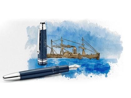 Montblanc Around the World in 80 Days LeGrand Füllfederhalter blau – Schreibgeräte Füllfederhalter aus 585 Weißgold, Edelharz und und platiniert. – Ansicht 3