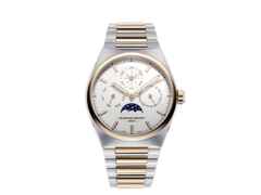 Frederique Constant Highlife Perpetual Calendar Manufacture Automatik Edelstahl Roségold-PVD 41mm silbernes Zifferblatt Metallband bicolor – Herrenuhren Uhr mit Kalender aus Edelstahl und PVD beschichtet. Das Gehäuse ist rund und silber-roségold. Das Edelstahlarmband ist silber-roségold. Das Zifferblatt ist ein Index in silber.