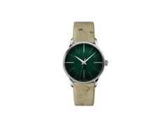 Junghans Meister Damen Automatic Edelstahl 33mm grünes Zifferblatt mit Diamant-Lünette braunes Lederband – Damenuhren Uhr ohne Datum aus Edelstahl. Das Gehäuse ist rund und silber. Das Lederarmband ist braun. Das Zifferblatt ist ein Index in grün.