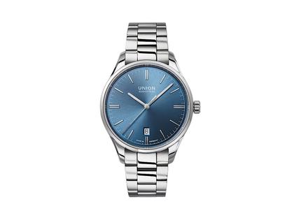 Union Glashütte Viro Datum Automatik Edelstahl 39mm hellblaues Zifferblatt Metallband – Herrenuhren Uhr mit Datum aus Edelstahl. Das Gehäuse ist rund und silber. Das Edelstahlarmband ist silber. Das Zifferblatt ist ein Index in blau.