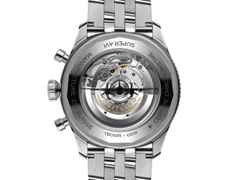 Breitling Super Avi B04 Chronograph GMT 46 Mosquito Automatik Edelstahl schwarzes Zifferblatt Metallband – Herrenuhren Chronograph aus Edelstahl und Keramik. Das Gehäuse ist rund und silber. Das Edelstahlarmband ist silber. Das Zifferblatt ist arabisch und schwarz. – Ansicht 4