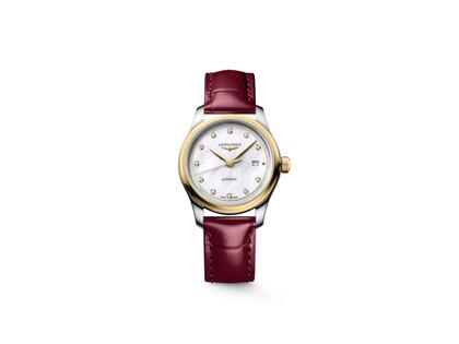 Longines Master Collection Automatik Edelstahl 30mm weißes Perlmutt-Zifferblatt mit Diamanten rotes Lederband – Damenuhren Uhr mit Datum aus 750 Gelbgold, Edelstahl und Leder. Das Gehäuse ist rund und silber. Das Lederarmband Kroko / Alligator ist rot. Das Zifferblatt ist ein Index in weiß.