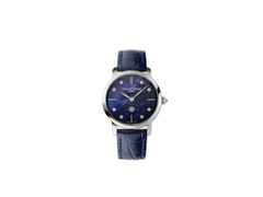 Frederique Constant Slimline Ladies Moonphase Quarz Edelstahl 30mm Perlmutt-Zifferblatt blaues Lederband – Damenuhren Uhr ohne Datum aus Edelstahl und Leder. Das Gehäuse ist rund und silber. Das Lederarmband ist blau. Das Zifferblatt ist ein Index in blau.