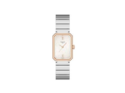 Tissot SRV Quarz Edelstahl Roségold-PVD 22x30mm weißes Perlmutt-Zifferblatt Metallband – Damenuhren Uhr ohne Datum aus Edelstahl und PVD beschichtet. Das Gehäuse ist rechteckig und roségold. Das Edelstahlarmband ist silber. Das Zifferblatt ist römisch und silber.