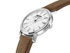 Alpina Heritage Tropic-Proof Handaufzug Edelstahl 34mm weißes Zifferblatt braunes Lederband – Herrenuhren Uhr ohne Datum aus Edelstahl und Leder. Das Gehäuse ist rund und silber. Das Lederarmband ist braun. Das Zifferblatt ist ein Index in weiß. – Ansicht 2