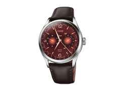 Oris Artelier Calibre 113 Year of the Horse Handaufzug Edelstahl 43mm rotes Zifferblatt braunes Lederband limitiert – Herrenuhren Uhr mit Datum aus Edelstahl und Leder. Das Gehäuse ist rund und silber. Das Lederarmband ist braun. Das Zifferblatt ist arabisch Index und rot.