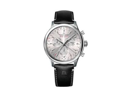 Maurice Lacroix 1975 S Chronograph Quarz Edelstahl 39mm silberfarbenes Zifferblatt schwarzes Lederband – Herrenuhren Chronograph aus Edelstahl und Leder. Das Gehäuse ist rund und silber. Das Lederarmband ist schwarz. Das Zifferblatt ist ein Index in schwarz.