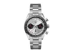 TAG Heuer Carrera Chronograph Automatik Edelstahl 39mm silberfarbenes Zifferblatt Metallband – Herrenuhren Chronograph aus Edelstahl und Keramik. Das Gehäuse ist rund und silber. Das Edelstahlarmband ist silber. Das Zifferblatt ist ein Index in silber.