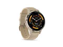 Garmin Venu 3S faserverstärktes Polymer French Grey 41mm beigefarbenes Lederband – Herrenuhren Uhr Multifunktion aus Edelstahl, Kautschuk, Kunststoff, Leder und PVD beschichtet. Das Gehäuse ist rund und beige. Das Lederarmband ist beige. Das Zifferblatt ist digital und schwarz. – Ansicht 5