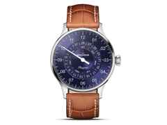 MeisterSinger Pangaea Day Date, 40mm Automatik blau – Herrenuhren Uhr mit Datum aus Edelstahl. Das Armband ist ein Lederarmband. Der Zifferblatt ist arabisch.