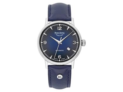Bruno Söhnle Glashütte Stuttgart II Big Automatik Edelstahl 42mm blaues Zifferblatt blaues Lederband – Damenuhren Uhr mit Datum aus Edelstahl und Leder. Das Gehäuse ist rund und silber. Das Lederarmband ist blau. Das Zifferblatt ist arabisch Index und blau.