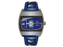 UMF Ruhla Scheibenuhr Automatik mit springender Stunde Edelstahl 41mm blaues Zifferblatt blaues Lederband limitiert – Herrenuhren Uhr ohne Datum aus Edelstahl, Keramik und Leder. Das Gehäuse ist tonneauform und silber. Das Lederarmband ist blau. Das Zifferblatt ist digital und blau. – Ansicht 2