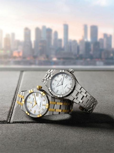 Maurice Lacroix Aikon Automatik Edelstahl 35mm weißes Zifferblatt zweifarbiges Metallband – Damenuhren Uhr mit Datum aus Edelstahl und PVD beschichtet. Das Gehäuse ist rund und silber-gelbgold. Das Edelstahlarmband ist silber-gelbgold. Das Zifferblatt ist ein Index in weiß. – Ansicht 2