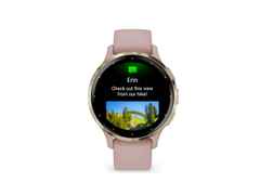 Garmin Venu 3S faserverstärktes Polymer Dust Rose 41mm altrosafarbenes Kautschukband – Herrenuhren Uhr Multifunktion aus Edelstahl, Kautschuk, Kunststoff und PVD beschichtet. Das Gehäuse ist rund und rosa. Das Kautschuk / Kunststoff / Silikon Armband ist rosa. Das Zifferblatt ist digital und schwarz.