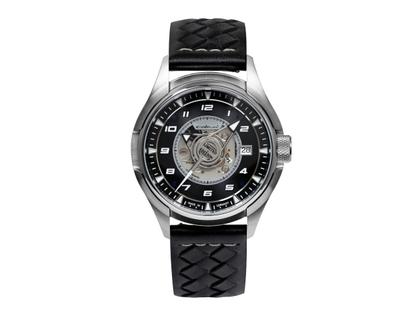 UMF Ruhla Colani Design 2025 Limited Edition Automatik Edelstahl 43mm schwarzes Zifferblatt schwarzes Lederband – Herrenuhren Uhr mit Datum aus Edelstahl. Das Gehäuse ist rund und silber. Das Lederarmband ist schwarz. Das Zifferblatt ist arabisch Index und schwarz.