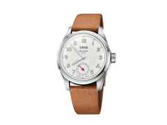 Oris Big Crown Wings of Hope Limited Edition Automatik Edelstahl 40mm weißes Zifferblatt braunes Lederband – Herrenuhren Uhr ohne Datum aus Edelstahl und Leder. Das Gehäuse ist rund und silber. Das Lederarmband ist braun. Das Zifferblatt ist arabisch und weiß.