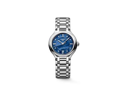 Longines PrimaLuna Automatik Edelstahl 30mm blaues Zifferblatt mit Diamanten Metallband – Damenuhren Uhr mit Datum aus Edelstahl. Das Gehäuse ist rund und silber. Das Edelstahlarmband ist silber. Das Zifferblatt ist ein Index in blau.