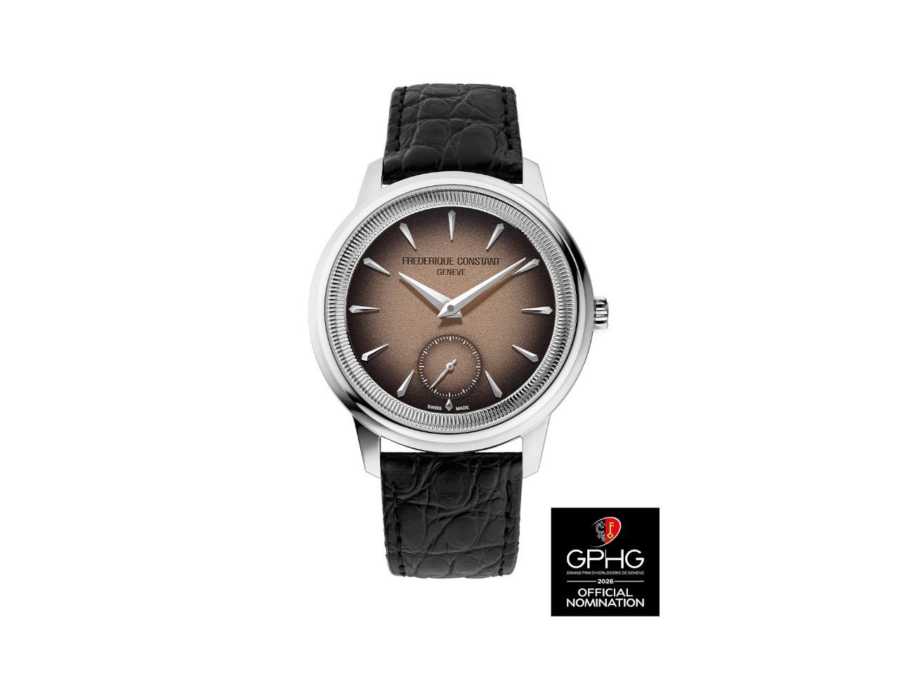 Frederique Constant Classics Moneta Handaufzug Edelstahl 38,5mm braunes Zifferblatt schwarzes Lederband limitiert – Herrenuhren Uhr ohne Datum aus Edelstahl und Leder. Das Gehäuse ist rund und silber. Das Lederarmband ist schwarz. Das Zifferblatt ist ein Index in braun. – Ansicht 2