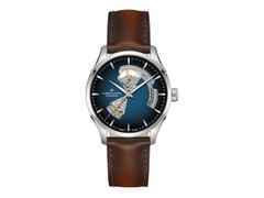 Hamilton Jazzmaster Open Heart Automatik Edelstahl 40mm dunkelblaues Zifferblatt braunes Lederband – Herrenuhren Uhr ohne Datum aus Edelstahl und Leder. Das Gehäuse ist rund und silber. Das Lederarmband ist braun. Das Zifferblatt ist ein Index in blau.