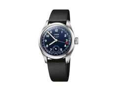 Oris Big Crown Pointer Date  Calibre 403 blaues Zifferblatt schwarzes Lederband – Herrenuhren Uhr mit Datum aus Edelstahl. Das Gehäuse ist rund und silber. Das Lederarmband ist schwarz. Das Zifferblatt ist arabisch und blau.