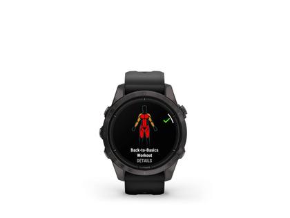 Garmin epix Pro Sapphire Titan carbongrau beschichtet 42 mm Kautschukband schwarz – Herrenuhren Uhr Multifunktion aus DLC beschichtet, Kautschuk und Titan. Das Gehäuse ist rund und schwarz. Das Kautschuk / Kunststoff / Silikon Armband ist schwarz. Das Zifferblatt ist digital und schwarz. – Ansicht 2