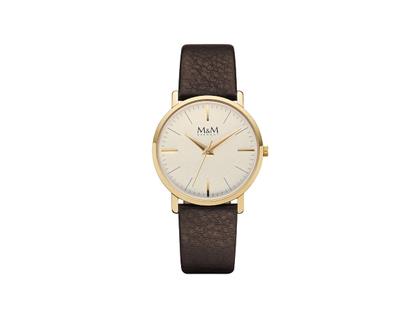 M&M New Classic Quarz Edelstahl IP-Gelbgold 34mm cremefarbenes Zifferblatt braunes Lederband – Damenuhren Uhr ohne Datum aus Edelstahl, IP beschichtet und vergoldet. Das Gehäuse ist rund und gelbgold. Das Lederarmband ist braun. Das Zifferblatt ist ein Index in beige.