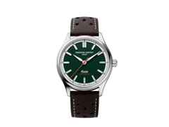 Frederique Constant Vintage Rally Healey Automatik Edelstahl 40mm dunkelgrünes Zifferblatt braunes Lederband Chronometer – Herrenuhren Uhr ohne Datum aus Edelstahl und Leder. Das Gehäuse ist rund und silber. Das Lederarmband ist braun. Das Zifferblatt ist ein Index in grün.