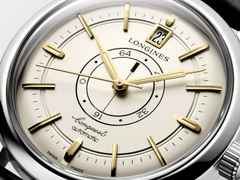 Longines Conquest Heritage Central Power Reserve Automatik Edelstahl 38mm champagnerfarbenes Zifferblatt schwarzes Lederband – Herrenuhren Uhr mit Datum aus Edelstahl und Leder. Das Gehäuse ist rund und silber. Das Lederarmband Kroko / Alligator ist schwarz. Das Zifferblatt ist ein Index in beige. – Ansicht 4
