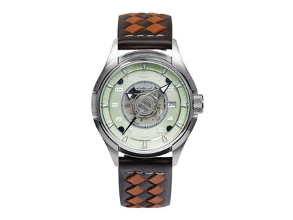 UMF Ruhla Colani Design 2025 Limited Edition Automatik Edelstahl 43mm grünes Zifferblatt schwarzes Lederband – Herrenuhren Uhr mit Datum aus Edelstahl. Das Gehäuse ist rund und silber. Das Lederarmband ist schwarz. Das Zifferblatt ist arabisch Index und grün.