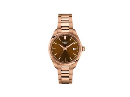 Tissot PR 100 Quarz Edelstahl Roségold-PVD 34mm braunes Zifferblatt Metallband – Damenuhren Uhr mit Datum aus Edelstahl und PVD beschichtet. Das Gehäuse ist rund und roségold. Das Edelstahlarmband ist roségold. Das Zifferblatt ist ein Index in braun.