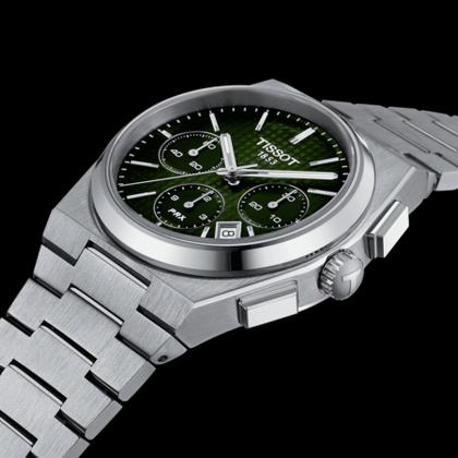 Tissot PRX Chronograph Automatik Edelstahl 42mm grünes Zifferblatt Metallband – Herrenuhren Chronograph aus Edelstahl. Das Gehäuse ist rund und silber. Das Edelstahlarmband ist silber. Das Zifferblatt ist ein Index in grün. – Ansicht 5