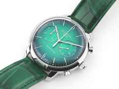Glashütte Original Sixties Chronograph Annual Edition Automatik Edelstahl 42mm grünes Zifferblatt grünes Lederband 1-39-34-05-22-04 Full Set Occasion Neu – Herrenuhren Chronograph aus Edelstahl. Das Gehäuse ist rund und silber. Das Lederarmband Kroko / Alligator ist grün. Das Zifferblatt ist arabisch Index und grün. – Ansicht 5