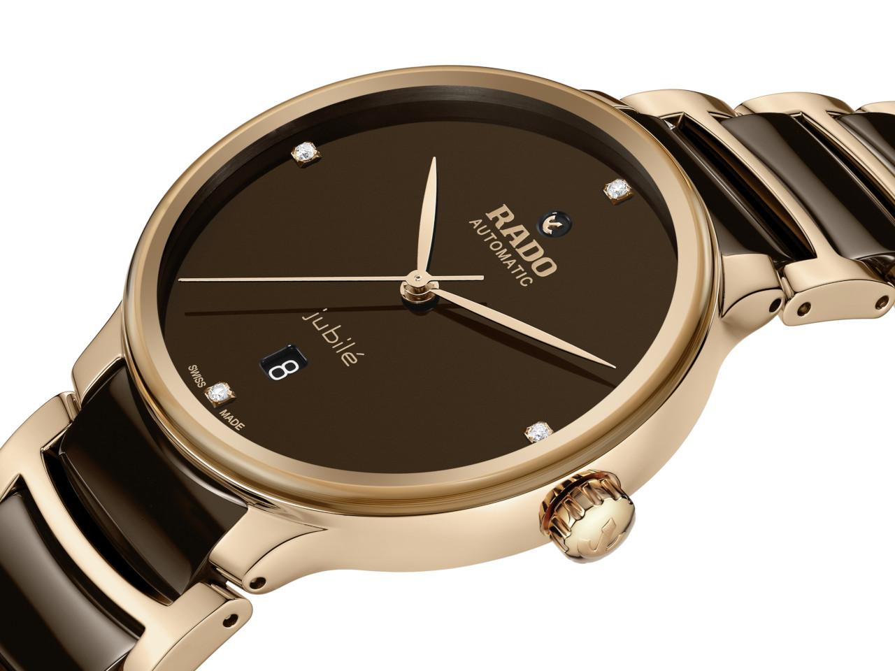 Rado Centrix Diamonds Automatik Edelstahl Roségold-PVD 39,5mm braunes Zifferblatt mit Brillanten Metallband – Herrenuhren Uhr mit Datum aus Edelstahl, Keramik und PVD beschichtet. Das Gehäuse ist rund und roségold. Das Keramikarmband ist braun. Das Zifferblatt ist ein Index in braun. – Ansicht 2