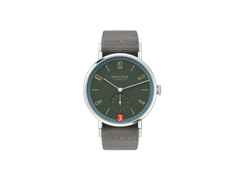 Nomos Glashütte Tangente 38 Datum "175 Years Watchmaking - Lakritze" Handaufzug Edelstahl graues Zifferblatt graues Textilband Glasboden – Herrenuhren Uhr mit Datum aus Edelstahl. Das Gehäuse ist rund und silber. Das Textilarmband ist grau. Das Zifferblatt ist arabisch Index und grau.
