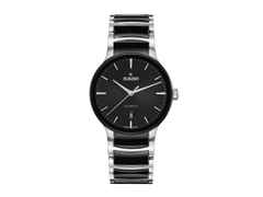 Rado Centrix Automatik Edelstahl 39,5mm schwarzes Zifferblatt Metallband – Herrenuhren Uhr mit Datum aus Edelstahl und Keramik. Das Gehäuse ist rund und silber. Das Keramikarmband ist schwarz. Das Zifferblatt ist ein Index in schwarz.