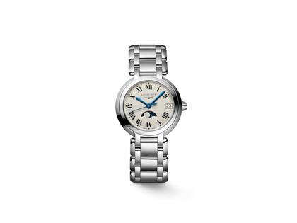 Longines PrimaLuna Mondphase Quarz Edelstahl 30mm weißes Zifferblatt Metallband – Damenuhren Uhr mit Datum aus Edelstahl. Das Gehäuse ist rund und silber. Das Edelstahlarmband ist silber. Das Zifferblatt ist römisch und beige.
