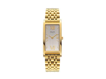 M&M Banana Quarz Edelstahl IP-Gelbgold 42x20mm silbernes Zifferblatt Metallband – Damenuhren Uhr ohne Datum aus Edelstahl, IP beschichtet und vergoldet. Das Gehäuse ist rechteckig und gelbgold. Das vergoldetes Edelstahlarmband ist gelbgold. Das Zifferblatt ist römisch Index und silber.