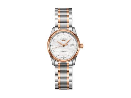 Longines Master Collection Automatik 29 mm Roségold bicolor Perlmutt Diamanten Metallband – Damenuhren Uhr mit Datum aus 750 Rotgold und Edelstahl. Das Gehäuse ist rund und silber-roségold. Das Edelstahlarmband mit Gold ist silber-roségold. Das Zifferblatt ist ein Index in weiß.