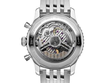 Breitling Navitimer B01 Chronograph 43 Edelstahl eisblaues Zifferblatt Metallband – Herrenuhren Chronograph aus Edelstahl. Das Gehäuse ist rund und silber. Das Edelstahlarmband ist silber. Das Zifferblatt ist ein Index in blau. – Ansicht 3